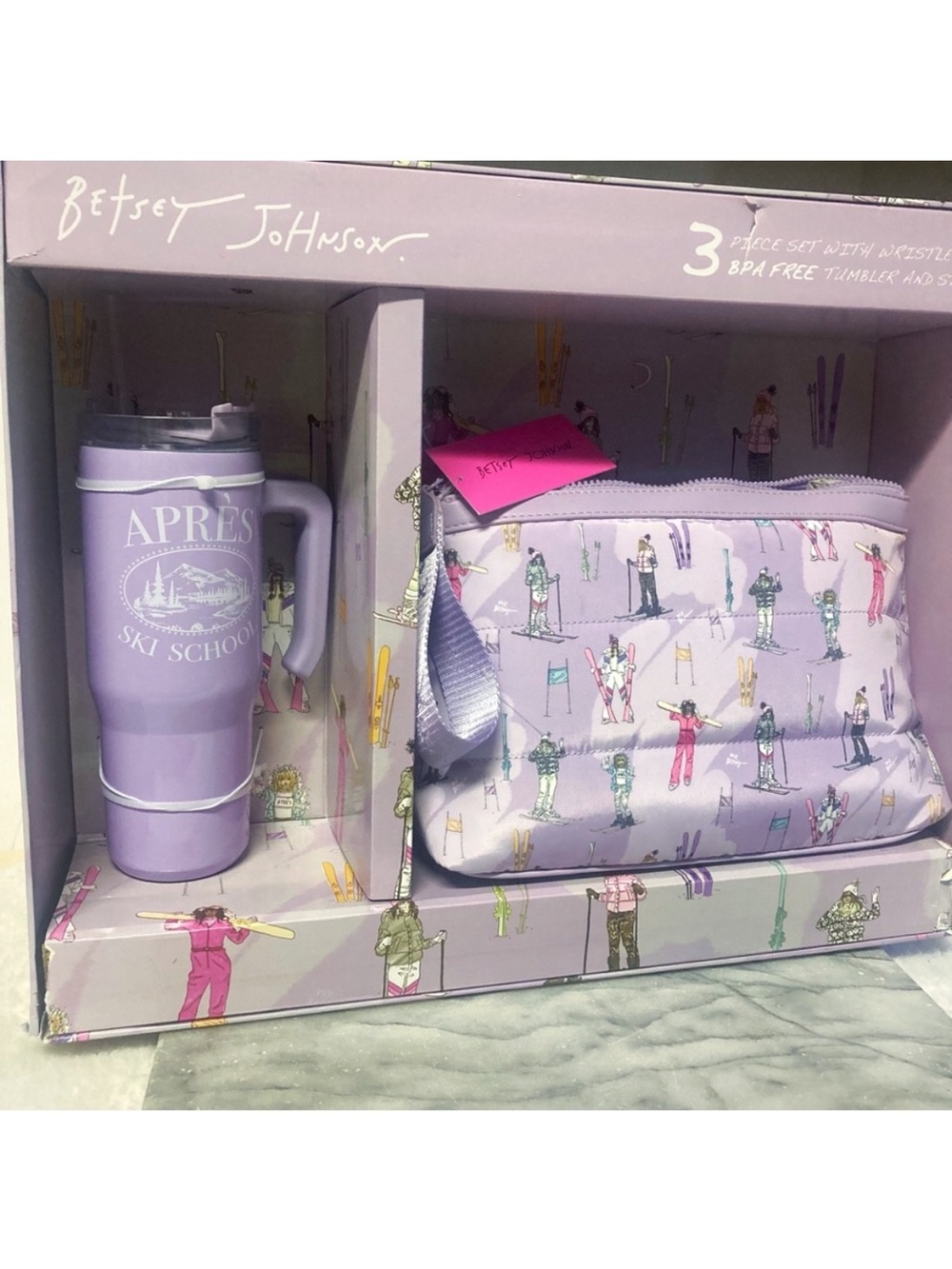 Betsey Johnson Wristlet Pouch and Tumbler Set Lavender New Apres Ski